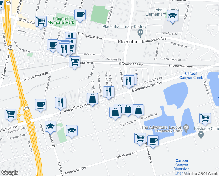 map of restaurants, bars, coffee shops, grocery stores, and more near 1725 North Partridge Street in Anaheim