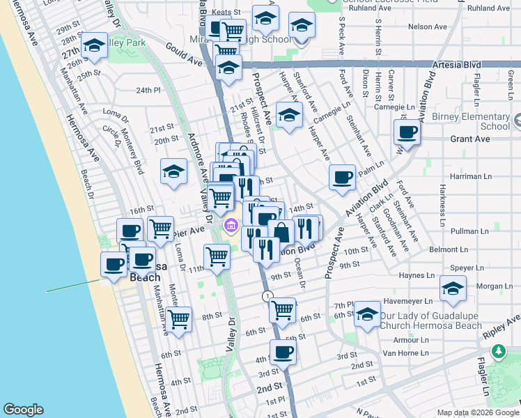map of restaurants, bars, coffee shops, grocery stores, and more near 900 15th Street in Hermosa Beach