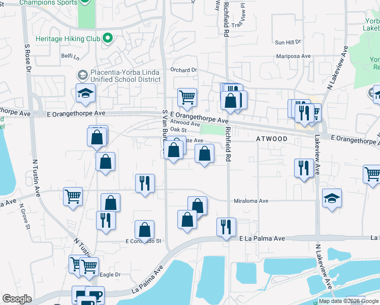 map of restaurants, bars, coffee shops, grocery stores, and more near 1644 La Paloma Avenue in Placentia