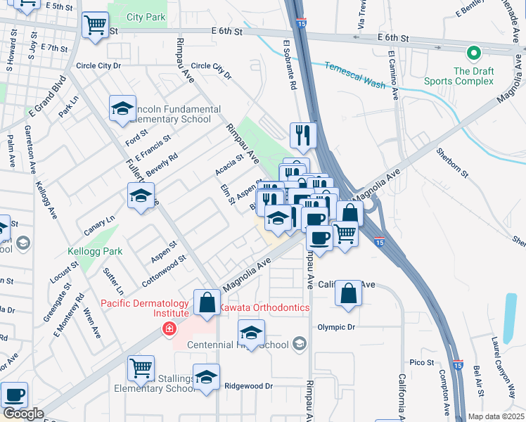map of restaurants, bars, coffee shops, grocery stores, and more near 1385 Ivy Circle in Corona
