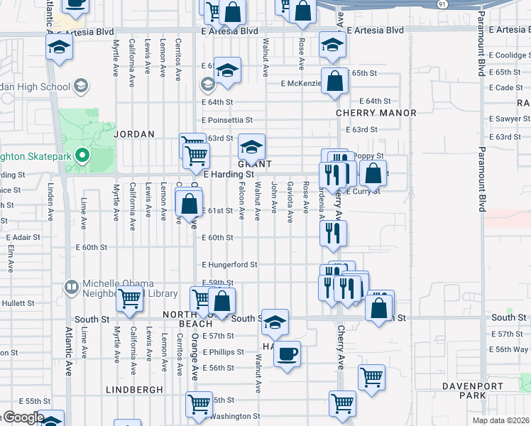 map of restaurants, bars, coffee shops, grocery stores, and more near 1620 East 61st Street in Long Beach
