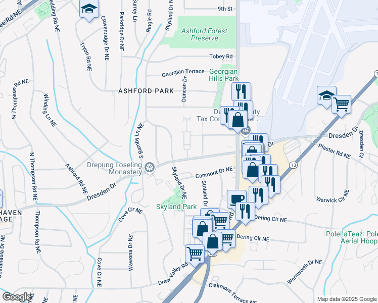 map of restaurants, bars, coffee shops, grocery stores, and more near 2651 Dresden Place in Brookhaven