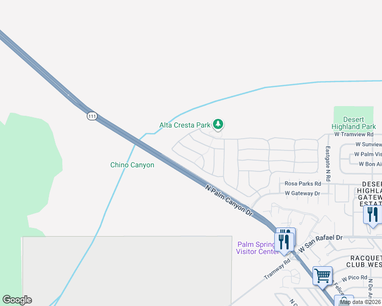 map of restaurants, bars, coffee shops, grocery stores, and more near 1231 Palmas Ridge in Palm Springs