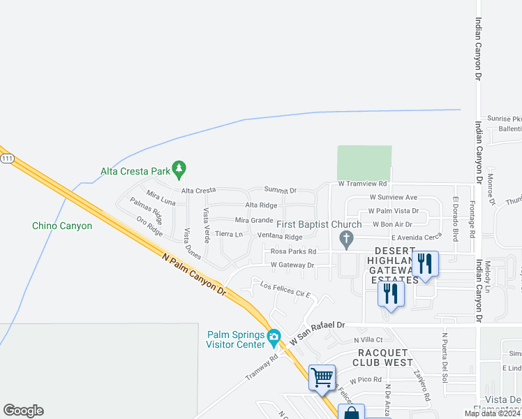 map of restaurants, bars, coffee shops, grocery stores, and more near 863 Alta Ridge in Palm Springs