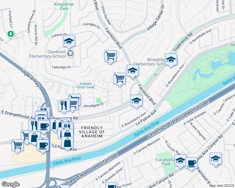 map of restaurants, bars, coffee shops, grocery stores, and more near 20247 Fern Creek Lane in Yorba Linda