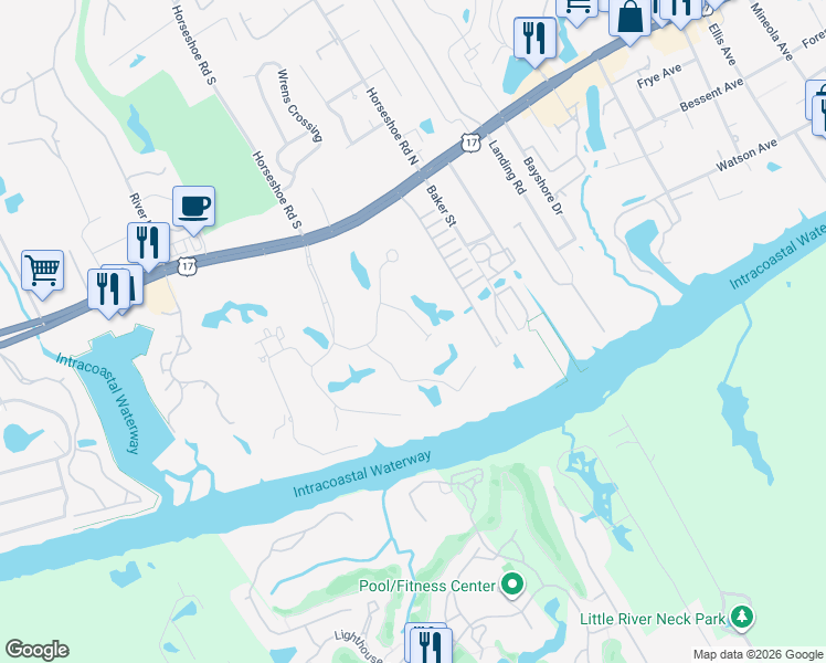 map of restaurants, bars, coffee shops, grocery stores, and more near 4328 Deer Run in Little River