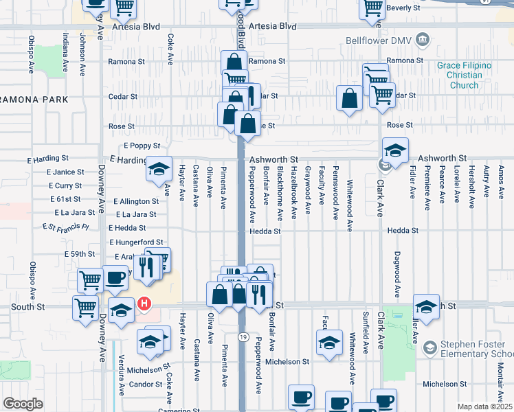 map of restaurants, bars, coffee shops, grocery stores, and more near 6044 Pepperwood Avenue in Lakewood
