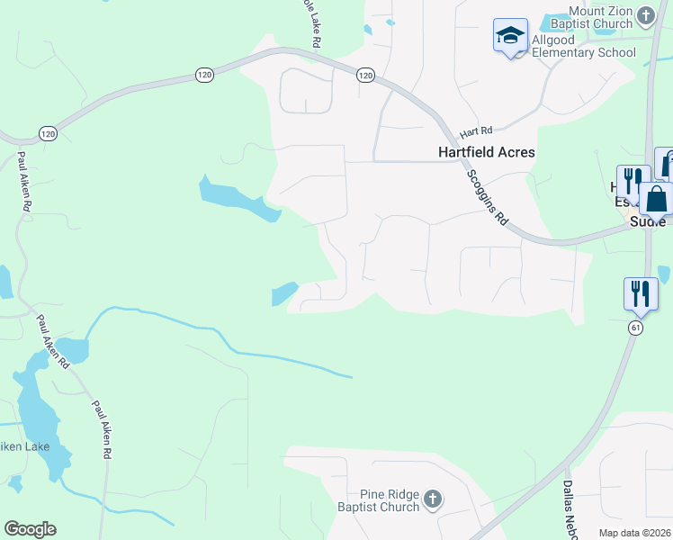 map of restaurants, bars, coffee shops, grocery stores, and more near 144 Paces Overlook Trace in Dallas