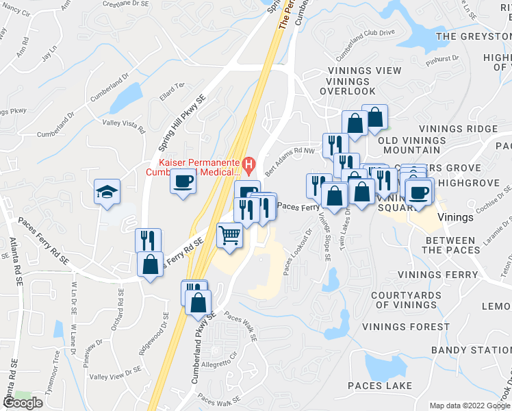 map of restaurants, bars, coffee shops, grocery stores, and more near Cumberland Pkwy SE & Paces Ferry Rd SE in Vinings