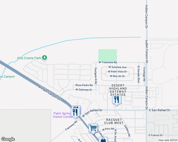 map of restaurants, bars, coffee shops, grocery stores, and more near 701 Alta Ridge in Palm Springs