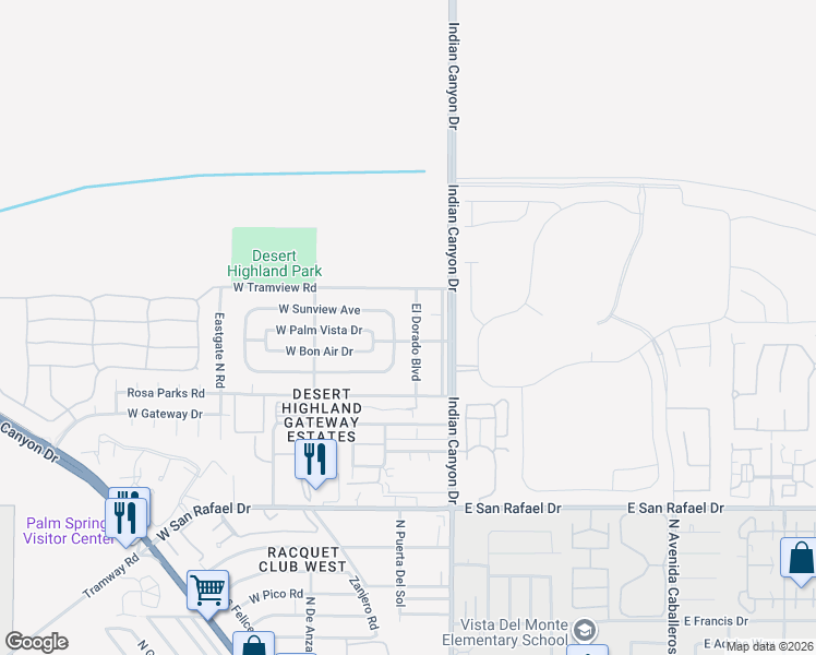 map of restaurants, bars, coffee shops, grocery stores, and more near 3945 El Dorado Boulevard in Palm Springs