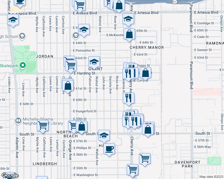 map of restaurants, bars, coffee shops, grocery stores, and more near 6066 Gaviota Avenue in Long Beach