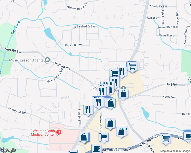 map of restaurants, bars, coffee shops, grocery stores, and more near 3660 Heritage Ridge Lane in Marietta