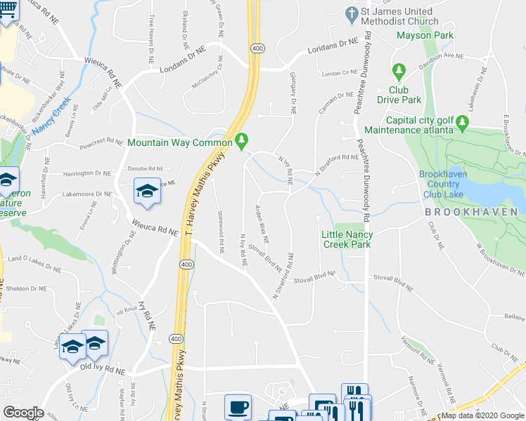 map of restaurants, bars, coffee shops, grocery stores, and more near 4037 Arden Way Northeast in Atlanta
