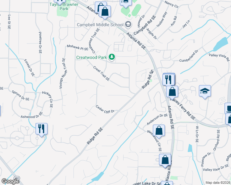 map of restaurants, bars, coffee shops, grocery stores, and more near 1881 Wynridge Drive in Smyrna