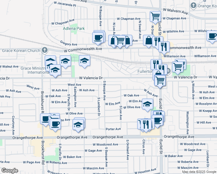 map of restaurants, bars, coffee shops, grocery stores, and more near 1348 West Avenue in Fullerton