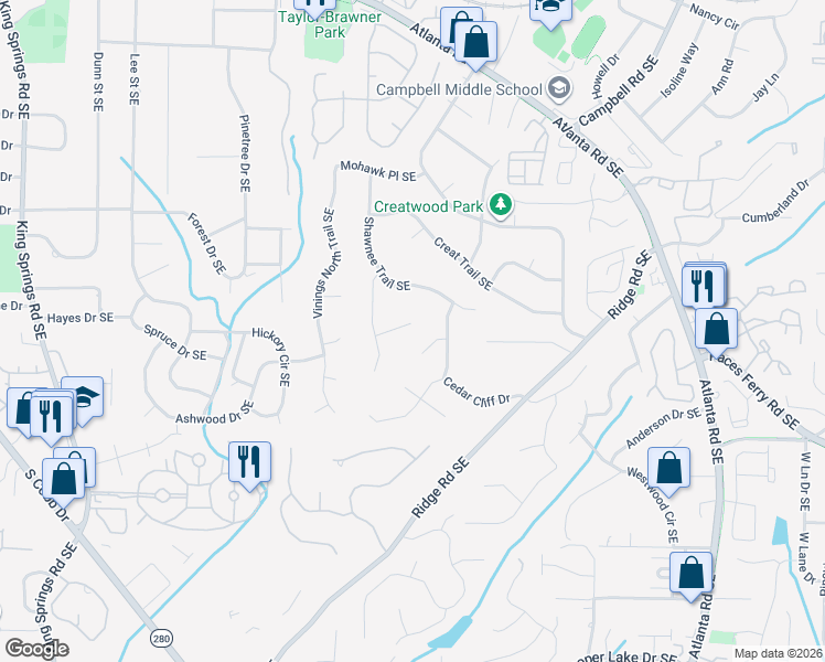 map of restaurants, bars, coffee shops, grocery stores, and more near 3463 Cedar Valley Court in Smyrna