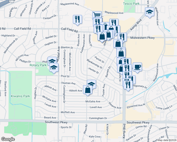 map of restaurants, bars, coffee shops, grocery stores, and more near 4329 Rhea Road in Wichita Falls