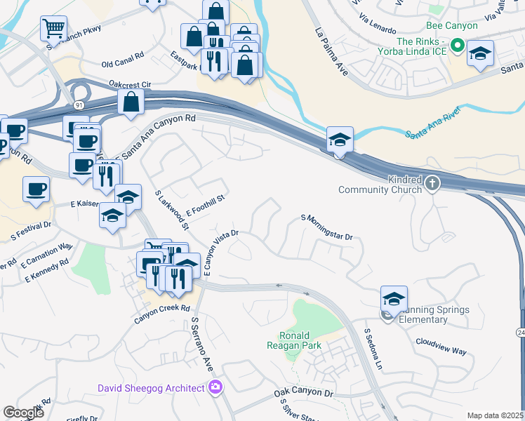 map of restaurants, bars, coffee shops, grocery stores, and more near 440 South Laureltree Drive in Anaheim