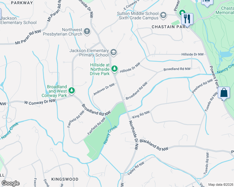 map of restaurants, bars, coffee shops, grocery stores, and more near 4044 Northside Drive Northwest in Atlanta
