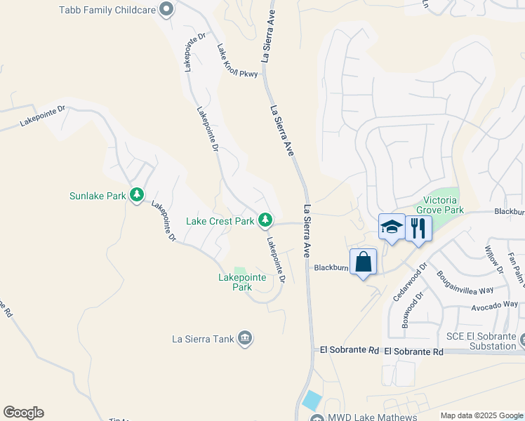 map of restaurants, bars, coffee shops, grocery stores, and more near 17473 Scenic Ridge Drive in Riverside