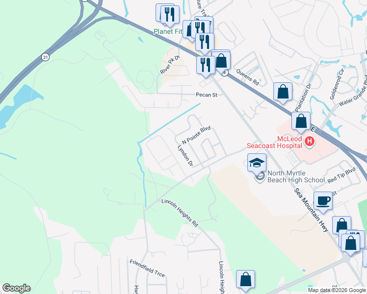 map of restaurants, bars, coffee shops, grocery stores, and more near 3258 Lyndon Drive in Little River
