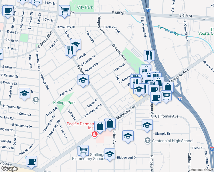 map of restaurants, bars, coffee shops, grocery stores, and more near 992 Redwood Court in Corona