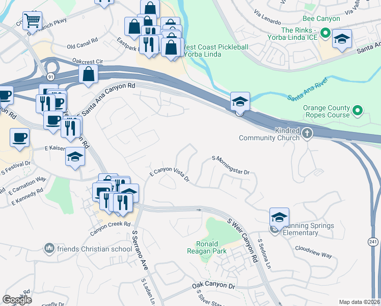 map of restaurants, bars, coffee shops, grocery stores, and more near 440 South Laureltree Drive in Anaheim