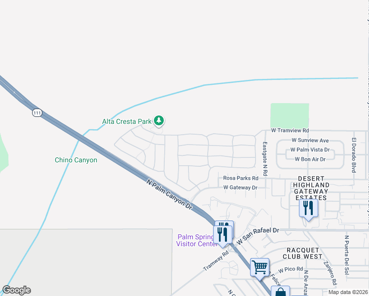 map of restaurants, bars, coffee shops, grocery stores, and more near 985 Alta Ridge in Palm Springs