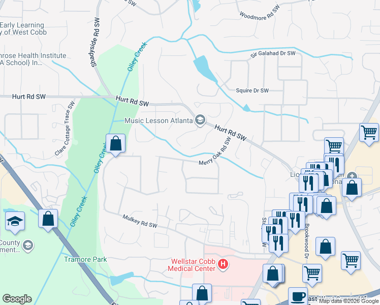 map of restaurants, bars, coffee shops, grocery stores, and more near 3563 Ashley Station Drive in Marietta