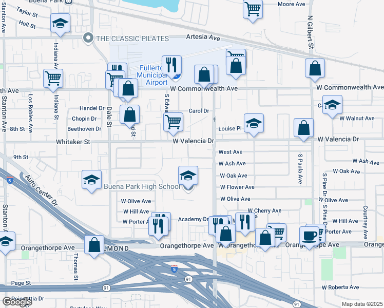 map of restaurants, bars, coffee shops, grocery stores, and more near 3841 Franklin Avenue in Fullerton