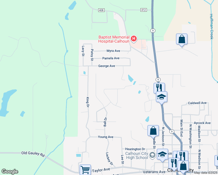 map of restaurants, bars, coffee shops, grocery stores, and more near Susan Circle in Calhoun City