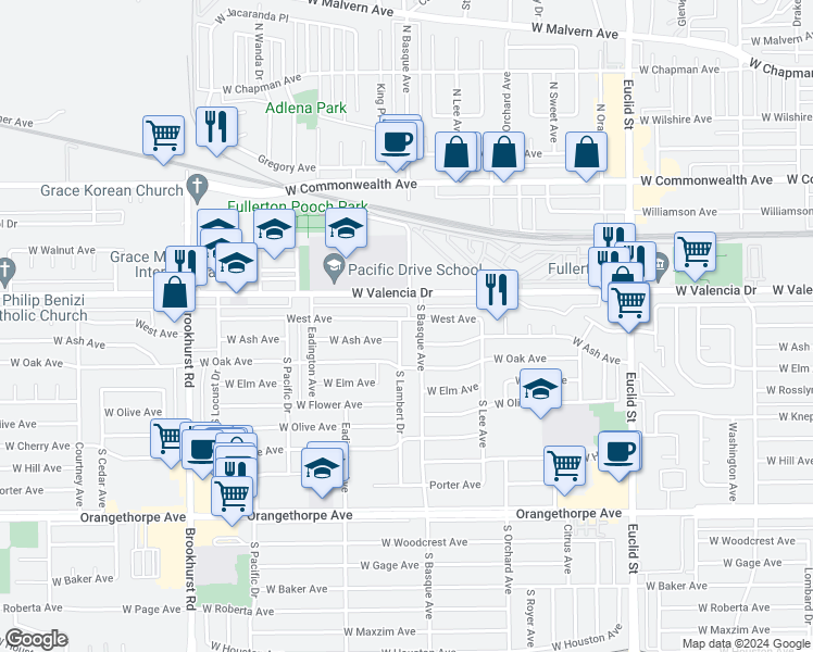 map of restaurants, bars, coffee shops, grocery stores, and more near 400 Lambert Drive South in Fullerton