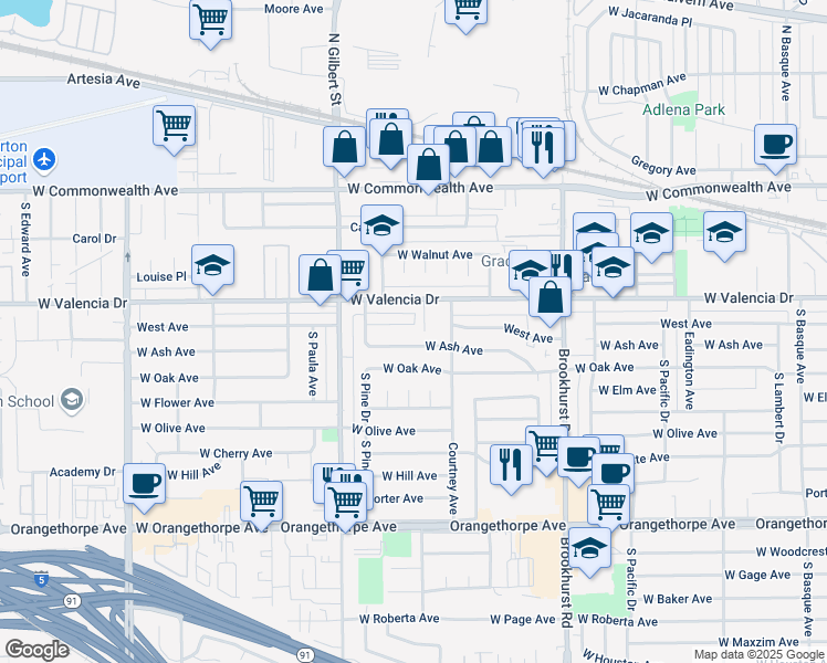 map of restaurants, bars, coffee shops, grocery stores, and more near in Fullerton