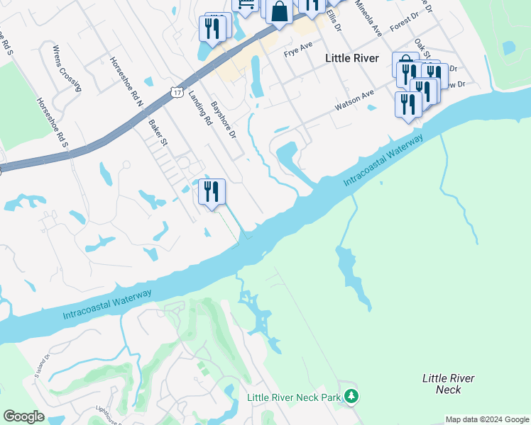 map of restaurants, bars, coffee shops, grocery stores, and more near 4537 Landing Road in Little River