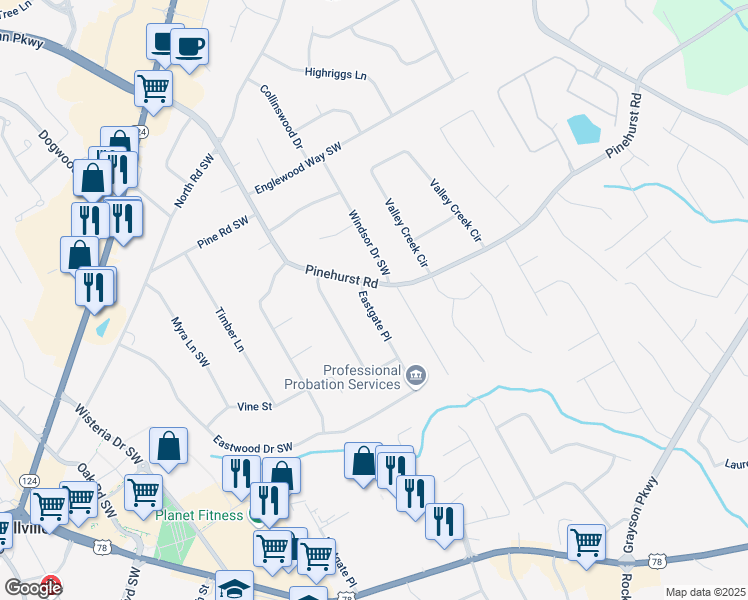 map of restaurants, bars, coffee shops, grocery stores, and more near 2266 Eastgate Drive in Snellville