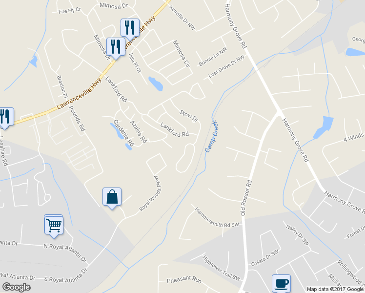 map of restaurants, bars, coffee shops, grocery stores, and more near 361 Kent Valley Circle in Tucker