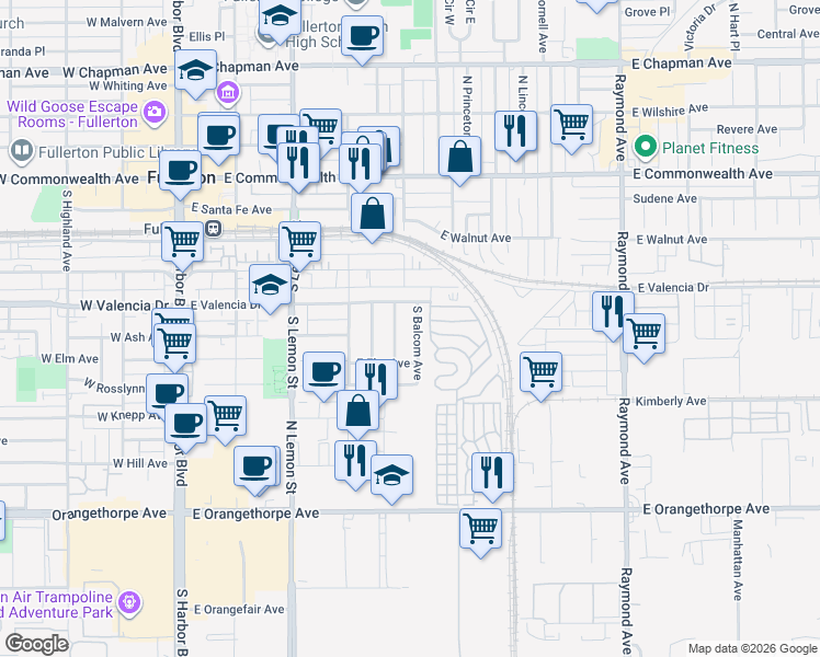 map of restaurants, bars, coffee shops, grocery stores, and more near 525 South Balcom Avenue in Fullerton