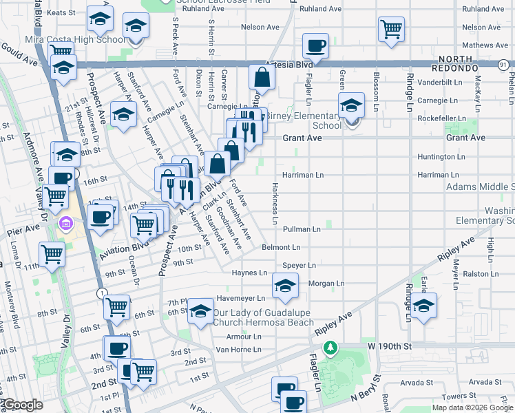 map of restaurants, bars, coffee shops, grocery stores, and more near in Redondo Beach