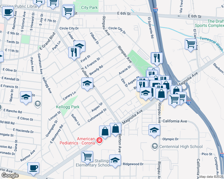 map of restaurants, bars, coffee shops, grocery stores, and more near 992 Redwood Court in Corona