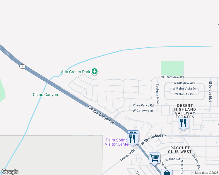 map of restaurants, bars, coffee shops, grocery stores, and more near 993 Alta Ridge in Palm Springs