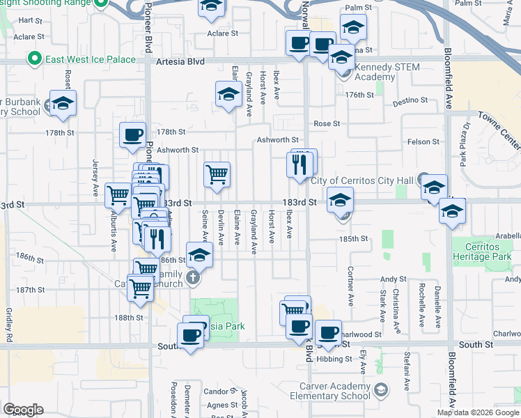 map of restaurants, bars, coffee shops, grocery stores, and more near 12036 183rd St in Artesia
