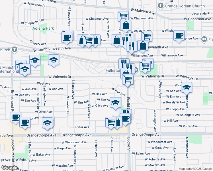 map of restaurants, bars, coffee shops, grocery stores, and more near 619 Anza Place in Fullerton