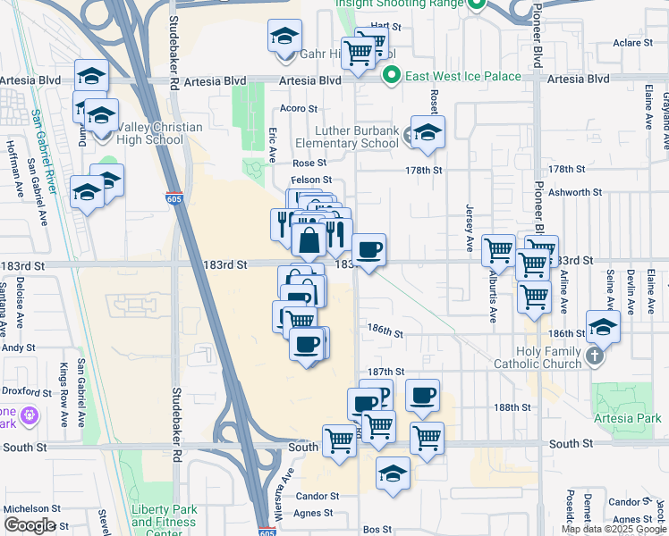 map of restaurants, bars, coffee shops, grocery stores, and more near 11344 183rd Street in Cerritos