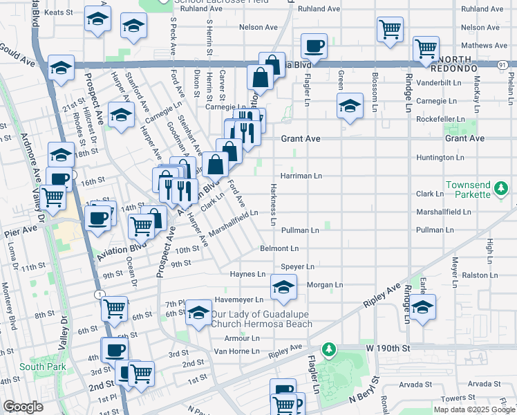 map of restaurants, bars, coffee shops, grocery stores, and more near 1709 Marshallfield Lane in Redondo Beach