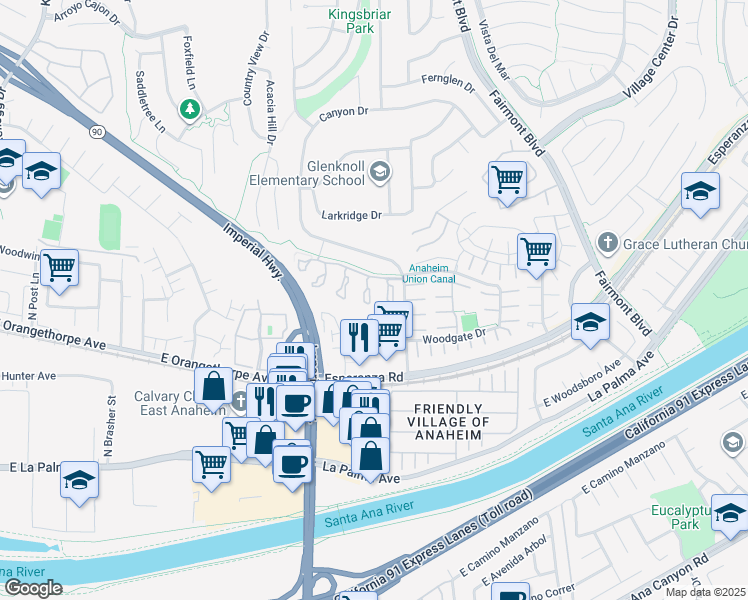 map of restaurants, bars, coffee shops, grocery stores, and more near 6696 Palma Circle in Yorba Linda