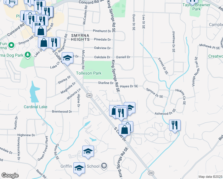 map of restaurants, bars, coffee shops, grocery stores, and more near 1235 King Springs Court Southeast in Smyrna