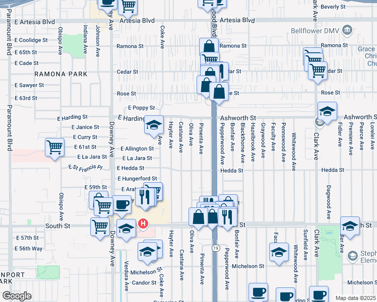 map of restaurants, bars, coffee shops, grocery stores, and more near 6047 Oliva Avenue in Lakewood