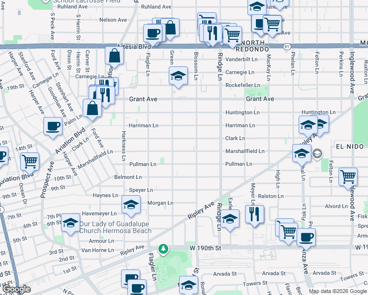 map of restaurants, bars, coffee shops, grocery stores, and more near in Redondo Beach