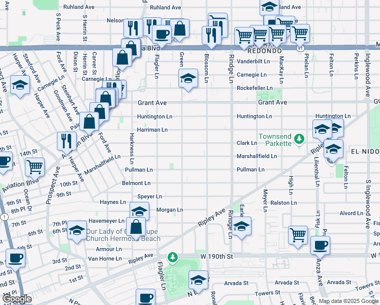 map of restaurants, bars, coffee shops, grocery stores, and more near 2007 Marshallfield Lane in Redondo Beach